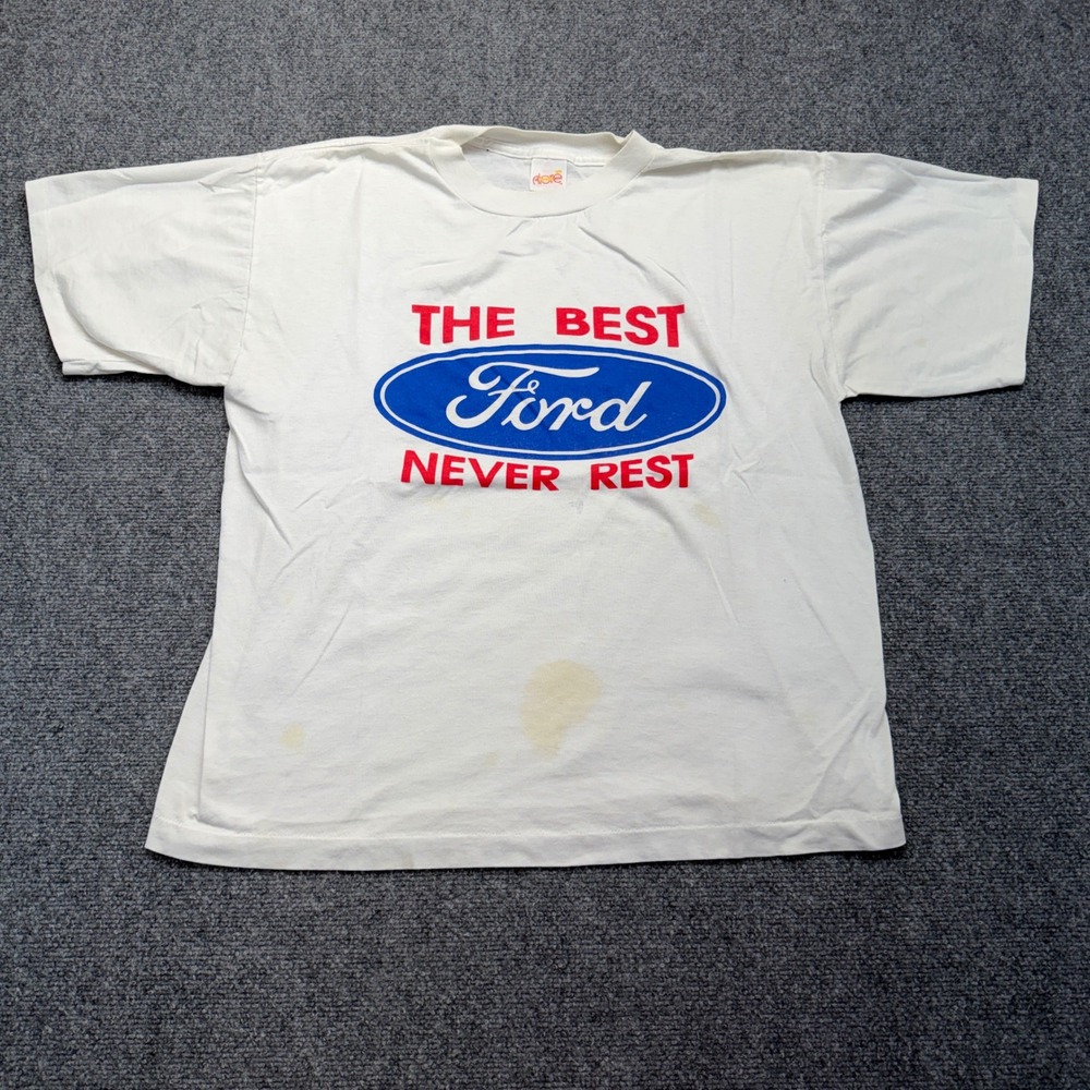 Vintage Alore Ford The Best Never Rest Graphic T-Shirt Mens XL White 90s Car Tee